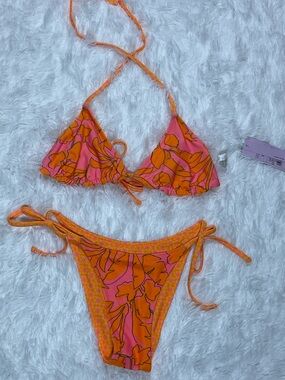 Wild fable Women’s bikini 2 piece set Pink and Orange Floral Tie Size XS NWOT